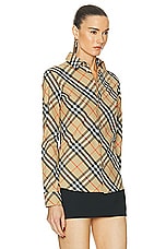 Burberry Slim Button Up Top in Sand IP Check, view 2, click to view large image.