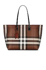 Burberry Soft TB Tote in Dark Birch Brown Check, view 1, click to view large image.