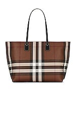 Burberry Soft TB Tote in Dark Birch Brown Check, view 3, click to view large image.
