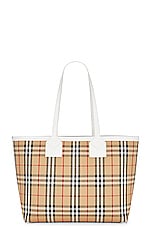 Burberry Medium London Tote Bag in Vintage Check & White, view 2, click to view large image.
