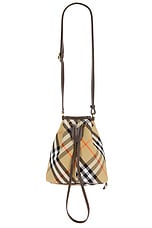 Burberry Mini Drawstring Bucket Bag in Sand, view 1, click to view large image.