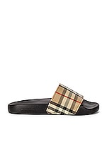 Burberry Furley Check Slides in Archive Beige, view 1, click to view large image.