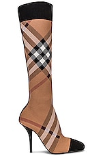 Burberry Dolman Check Knee High Boots in Birch Brown IP Check, view 1, click to view large image.