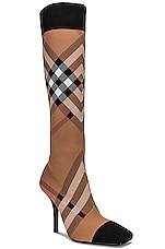 Burberry Dolman Check Knee High Boots in Birch Brown IP Check, view 2, click to view large image.