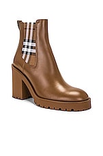 Burberry Leather Ankle Boot in Dark Birch Brown, view 2, click to view large image.