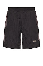 C2H4 Wrinkled Nylon Arch Panelled Track Shorts in Black & Gray, view 1, click to view large image.