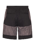 C2H4 Wrinkled Nylon Arch Panelled Track Shorts in Black & Gray, view 2, click to view large image.