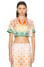 Casablanca Cuban Collar Cropped Silk Short Sleeve Shirt in Heart Monogram Gradient, view 1, click to view large image.
