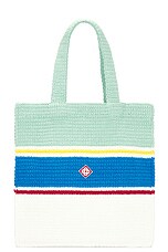 Casablanca Crochet Tote Bag in White & Blue Multi, view 1, click to view large image.