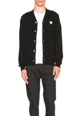 COMME des GARCONS PLAY Cardigan with Gold Emblem in Black, view 1, click to view large image.