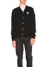 COMME des GARCONS PLAY Cardigan with Gold Emblem in Black, view 2, click to view large image.