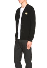 COMME des GARCONS PLAY Cardigan with Gold Emblem in Black, view 3, click to view large image.