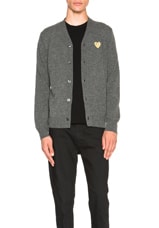 COMME des GARCONS PLAY Cardigan with Gold Emblem in Grey, view 1, click to view large image.