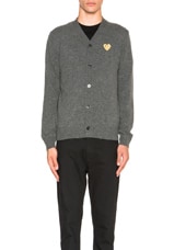 COMME des GARCONS PLAY Cardigan with Gold Emblem in Grey, view 2, click to view large image.