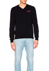 COMME des GARCONS PLAY V Neck Double Emblem Sweater in Blue, view 1, click to view large image.