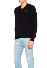 COMME des GARCONS PLAY V Neck Double Emblem Sweater in Blue, view 2, click to view large image.