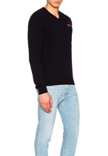 COMME des GARCONS PLAY V Neck Double Emblem Sweater in Blue, view 3, click to view large image.