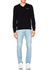 COMME des GARCONS PLAY V Neck Double Emblem Sweater in Blue, view 5, click to view large image.