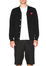 COMME des GARCONS PLAY Lambswool Cardigan with Red Emblem in Black, view 1, click to view large image.