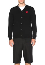 COMME des GARCONS PLAY Lambswool Cardigan with Red Emblem in Black, view 2, click to view large image.