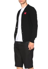 COMME des GARCONS PLAY Lambswool Cardigan with Red Emblem in Black, view 3, click to view large image.
