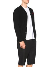 COMME des GARCONS PLAY Lambswool Cardigan with Red Emblem in Black, view 4, click to view large image.
