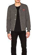 COMME des GARCONS PLAY Double Emblem Cardigan in Grey, view 1, click to view large image.