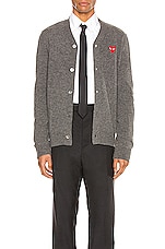 COMME des GARCONS PLAY Lambswool Cardigan with Red Emblem in Medium Grey, view 1, click to view large image.