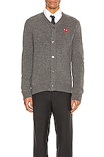 COMME des GARCONS PLAY Lambswool Cardigan with Red Emblem in Medium Grey, view 2, click to view large image.