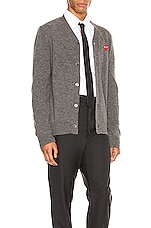 COMME des GARCONS PLAY Lambswool Cardigan with Red Emblem in Medium Grey, view 3, click to view large image.