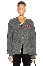 COMME des GARCONS PLAY Lambswool Cardigan with Red Emblem in Medium Grey, view 1, click to view large image.