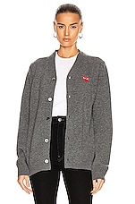 COMME des GARCONS PLAY Lambswool Cardigan with Red Emblem in Medium Grey, view 2, click to view large image.