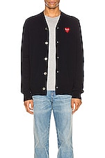 COMME des GARCONS PLAY Lambswool Cardigan with Red Emblem in Navy, view 1, click to view large image.