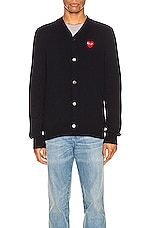 COMME des GARCONS PLAY Lambswool Cardigan with Red Emblem in Navy, view 2, click to view large image.