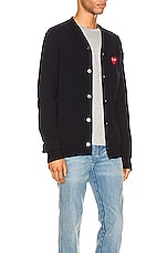 COMME des GARCONS PLAY Lambswool Cardigan with Red Emblem in Navy, view 3, click to view large image.