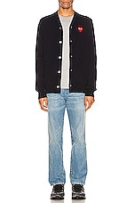 COMME des GARCONS PLAY Lambswool Cardigan with Red Emblem in Navy, view 5, click to view large image.