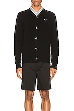 COMME des GARCONS PLAY Lambswool Cardigan with Black Emblem in Black, view 2, click to view large image.