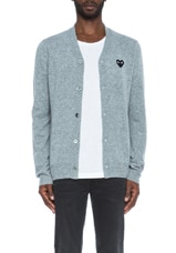 COMME des GARCONS PLAY Lambswool Cardigan with Black Emblem in Light Grey, view 1, click to view large image.