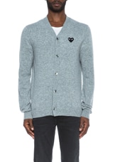 COMME des GARCONS PLAY Lambswool Cardigan with Black Emblem in Light Grey, view 2, click to view large image.