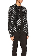 COMME des GARCONS PLAY Dot Print Wool Cardigan with Black Emblem in Black & Natural, view 3, click to view large image.