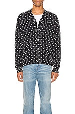 COMME des GARCONS PLAY Dot Print Wool Cardigan with Black Emblem in Navy & Natural, view 2, click to view large image.