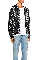 COMME des GARCONS PLAY Dot Print Wool Cardigan with Black Emblem in Navy & Natural, view 3, click to view large image.