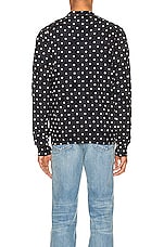 COMME des GARCONS PLAY Dot Print Wool Cardigan with Black Emblem in Navy & Natural, view 4, click to view large image.