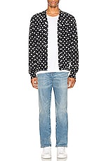 COMME des GARCONS PLAY Dot Print Wool Cardigan with Black Emblem in Navy & Natural, view 5, click to view large image.
