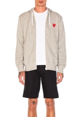 COMME des GARCONS PLAY Red Emblem Zip Cotton Hoodie in Grey, view 1, click to view large image.
