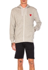 COMME des GARCONS PLAY Red Emblem Zip Cotton Hoodie in Grey, view 2, click to view large image.