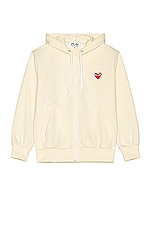 COMME des GARCONS PLAY Zip Poly Hoodie with Red Emblem in Ivory, view 1, click to view large image.