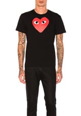 COMME des GARCONS PLAY Printed Red Heart Cotton Tee in Black, view 1, click to view large image.