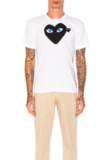 COMME des GARCONS PLAY Blue Eyes Black Emblem Cotton Tee in White, view 1, click to view large image.