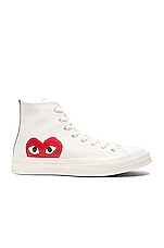 COMME des GARCONS PLAY Converse Large Emblem High Top Canvas Sneakers in White, view 1, click to view large image.